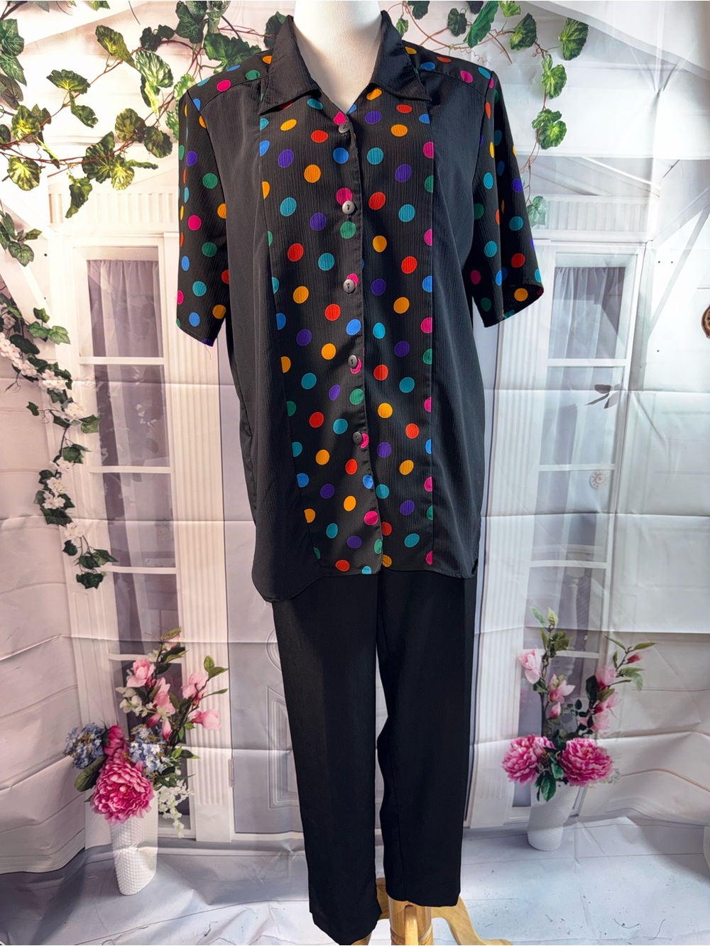 1199-Vintage Maggie Sweet Women's Black Polka Dot Two-Piece Pantsuit